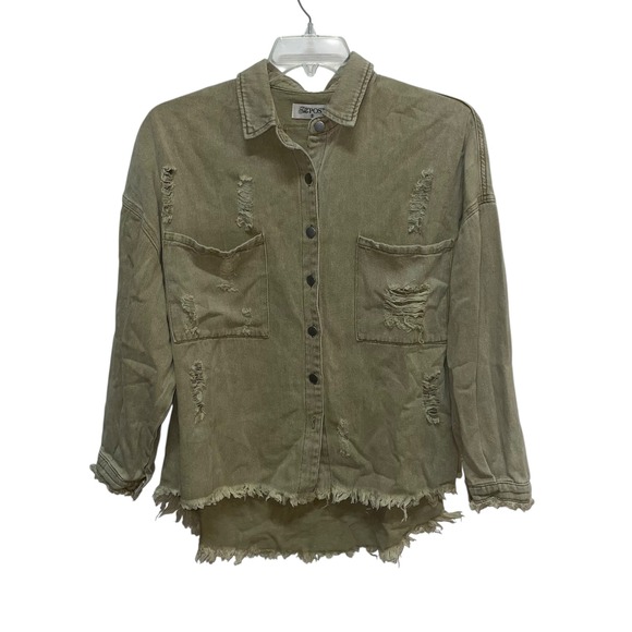The Post Jackets & Blazers - The Post Distressed Denim Jacket Khaki Green Raw Hem Pockets Button Front Size S